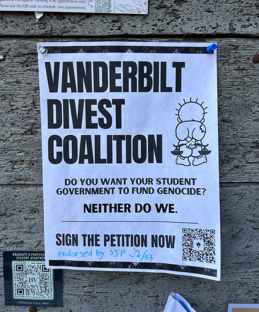 The+petition+comes+from+a+newly+formed+group+called+the+Vanderbilt+Divest+Coalition.+Students+Supporting+Israel+and+Dores+for+Israel+responded+with+banners+and+flyers+in+support+of+Israel.