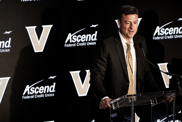 Mark Byington speaks in his opening press conference. (Photo courtesy of Vanderbilt Athletics)