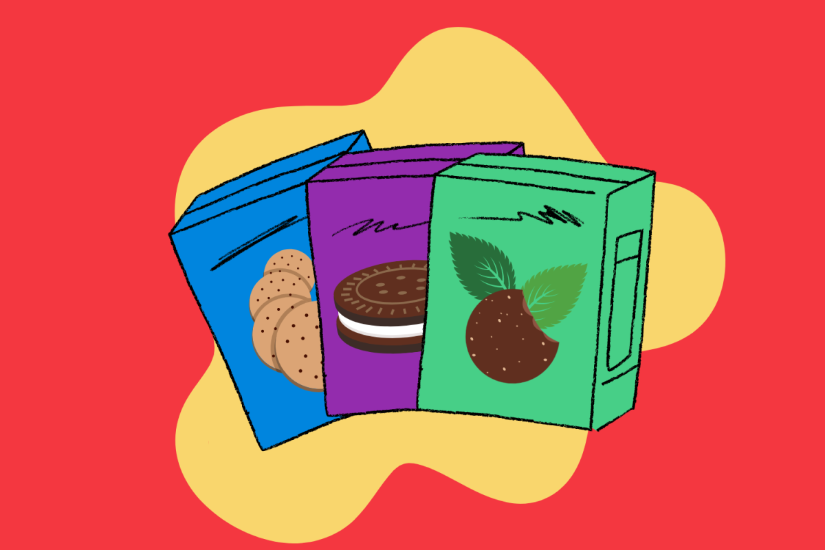 Graphic depicting three Girl Scout Cookie boxes. (Hustler Multimedia/Lexie Perez)