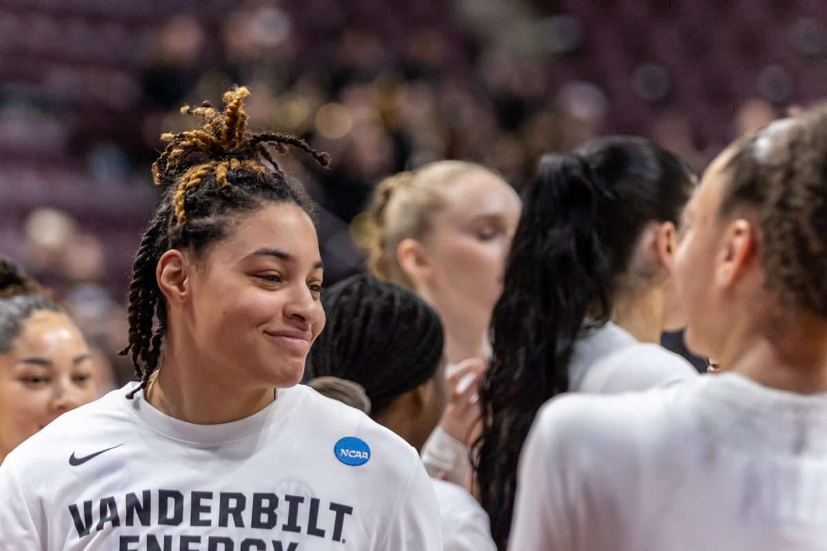 Sacha Washington greets a teammate before Vanderbilts matchup against Columbia during the First Four of the NCAA Division I Womens Basketball Championship, as photographed on March 20, 2024. (Hustler Multimedia/Josh Rehders)