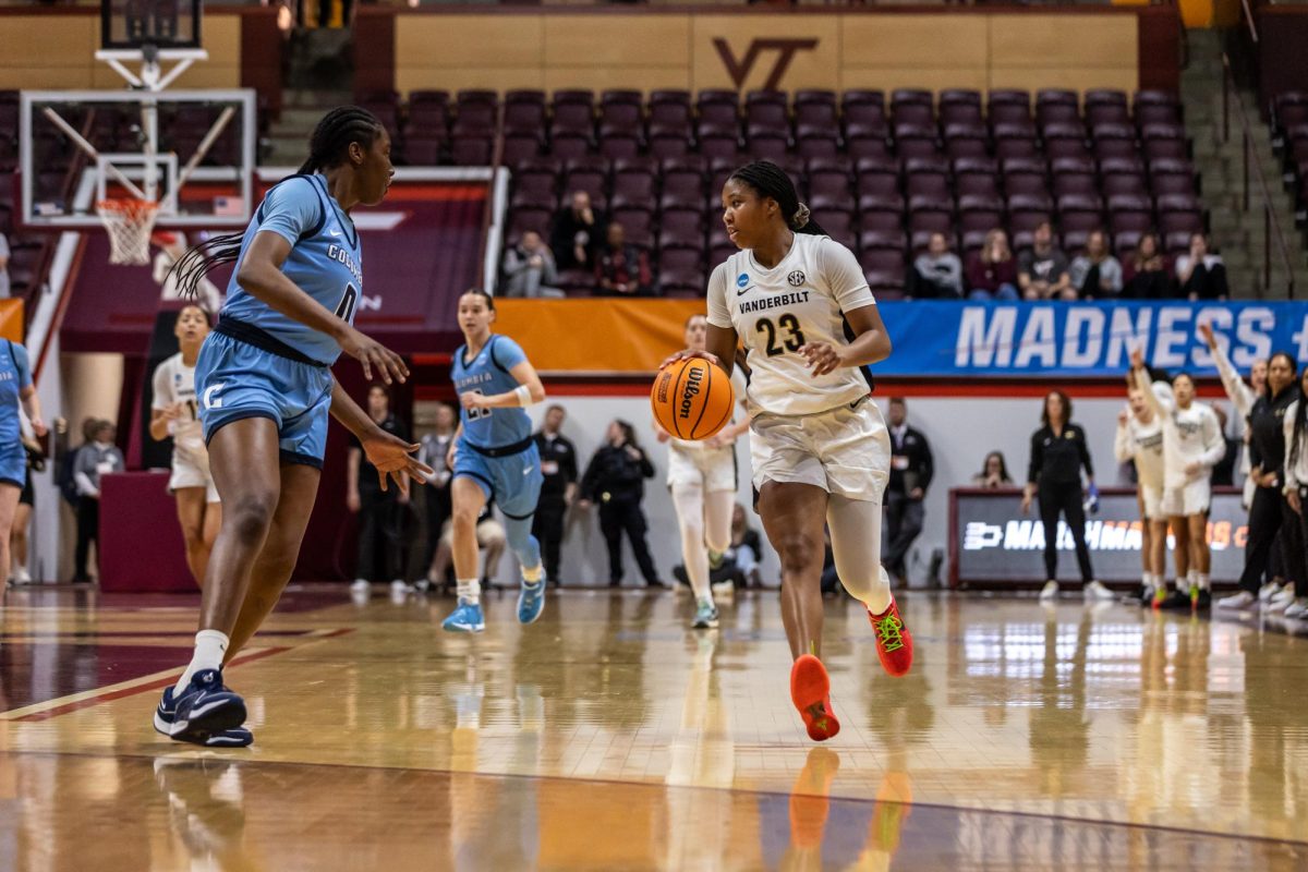Iyana+Moore+brings+the+ball+down+court+during+Vanderbilts+matchup+against+Columbia+during+the+First+Four+of+the+NCAA+Division+I+Womens+Basketball+Championship%2C+as+photographed+on+March+20%2C+2024.+%28Hustler+Multimedia%2FJosh+Rehders%29
