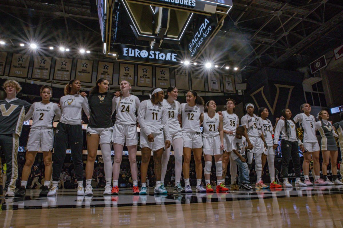 The Vanderbilt Lady Commodores celebrate their win over Georgia, as photographed on March 3, 2024. (Hustler Multimedia/Josh Rehders)