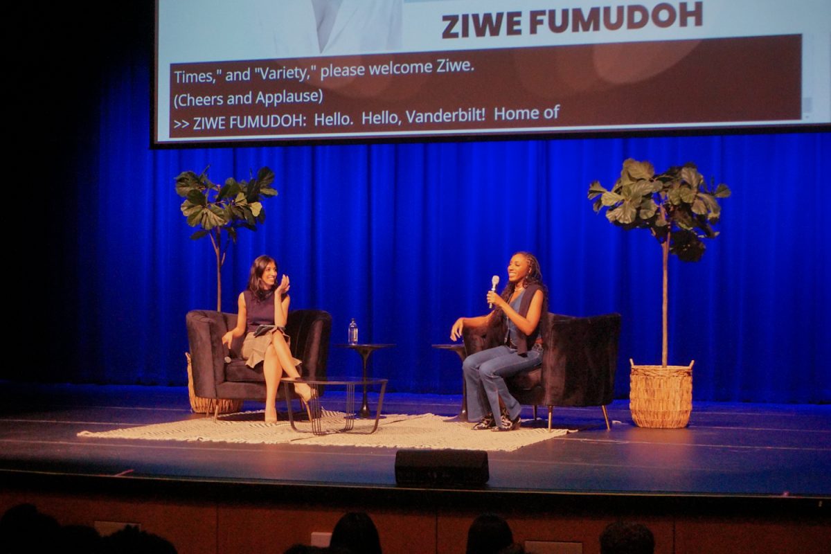Senior Lina Waseem moderates a talk with Ziwe Fumudoh at Langford Auditorium, as photographed on March 26, 2024. (Hustler Multimedia/Miguel Beristain)
