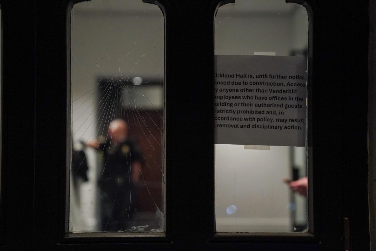 A broken window at Kirkland Hall, as photographed on March 26, 2024. (Hustler Multimedia/Josh Rehders)