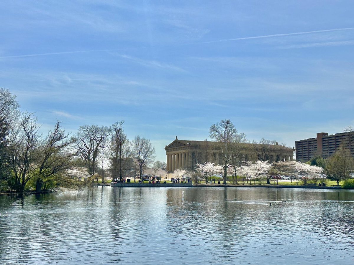 The Parthenon sits behind a body of water at Centennial Park, as photographed on March 21, 2024. (Hustler Multimedia/Jorie Fawcett)