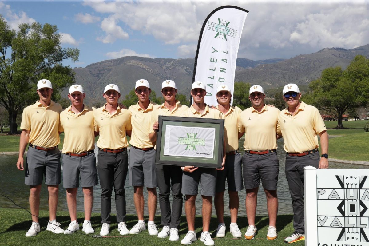 Vanderbilt Mens Golf poses with the trophy after winning the Pauma Valley Invitational, as photographed on March 19, 2024. (Vanderbilt Athletics)