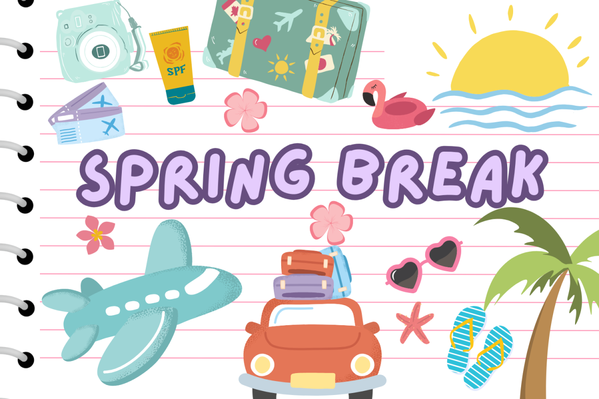 Graphic depicting a notebook with “Spring Break” written, surrounded by luggage, sunglasses and other spring break items. (Hustler Multimedia/Jada Mitchum)