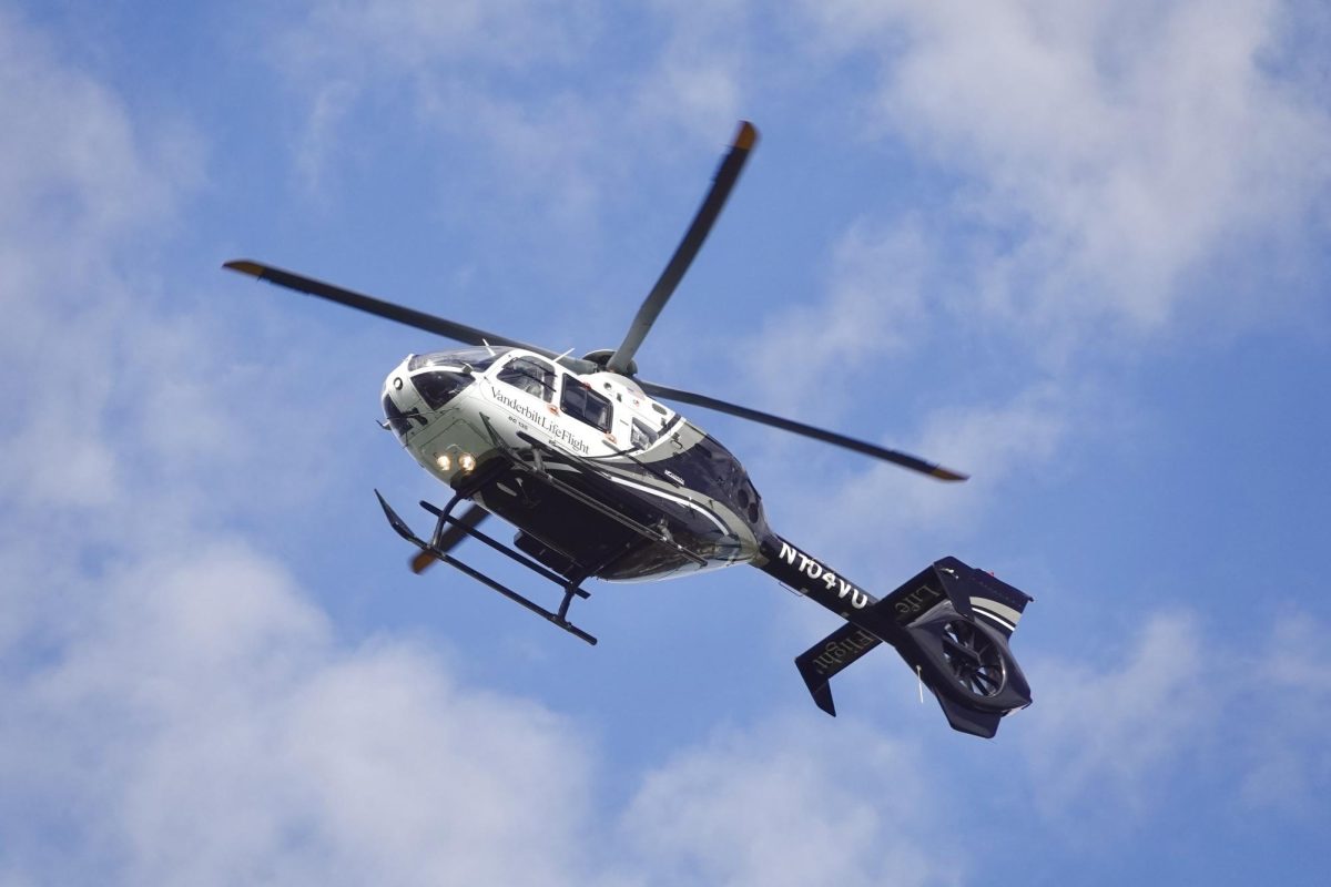 An Airbus H135 medical helicopter of Vanderbilt LifeFlight (N104VU) soars into the air from VUMC, as captured on Oct. 9, 2023. (Hustler Multimedia/Royce Yang)
