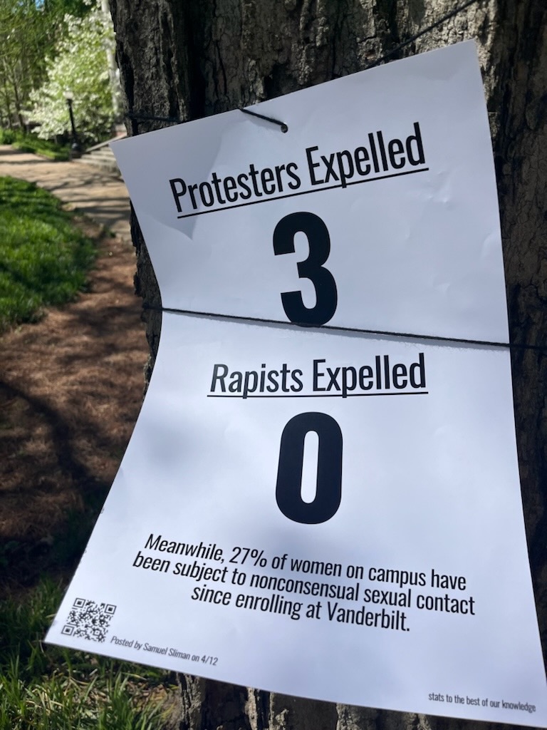 Poster that reads “Protesters Expelled: 3. Rapists Expelled: 0,” as photographed on April 13, 2024. (Hustler Staff/Shyla Lensing)
