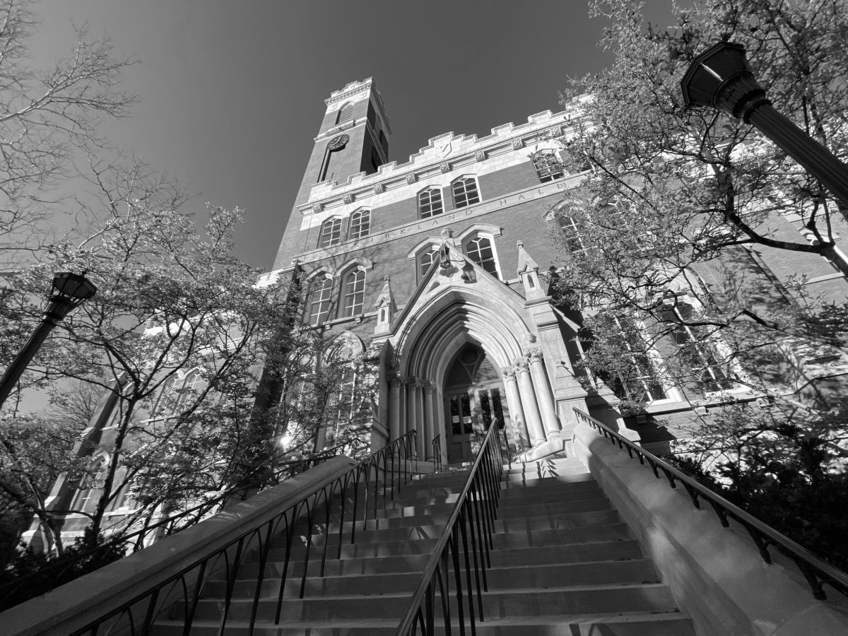Black-and-white photograph of the front of Kirkland Hall, as photographed on March 27, 2024. (Hustler Multimedia/George Albu)