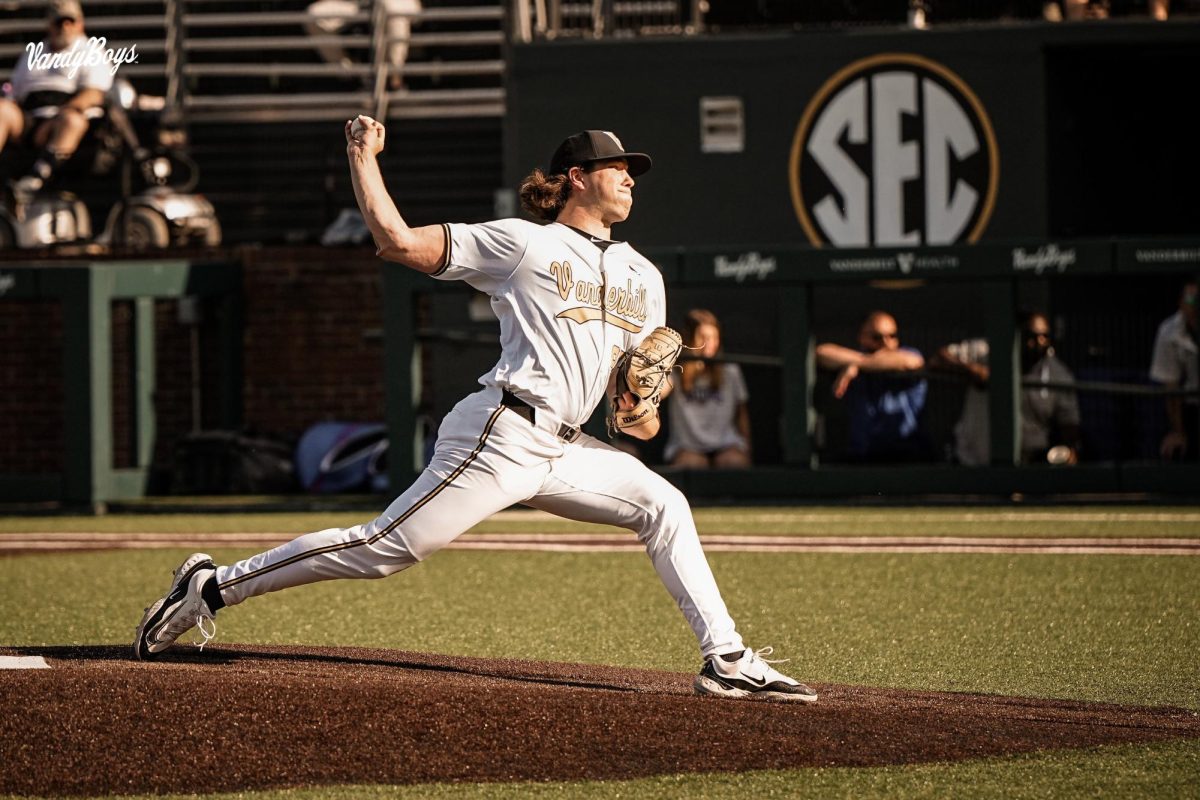 Bryce Cunningham throwing a pitch against Florida, as photographed on April 18, 2024. (Vanderbilt Athletics)