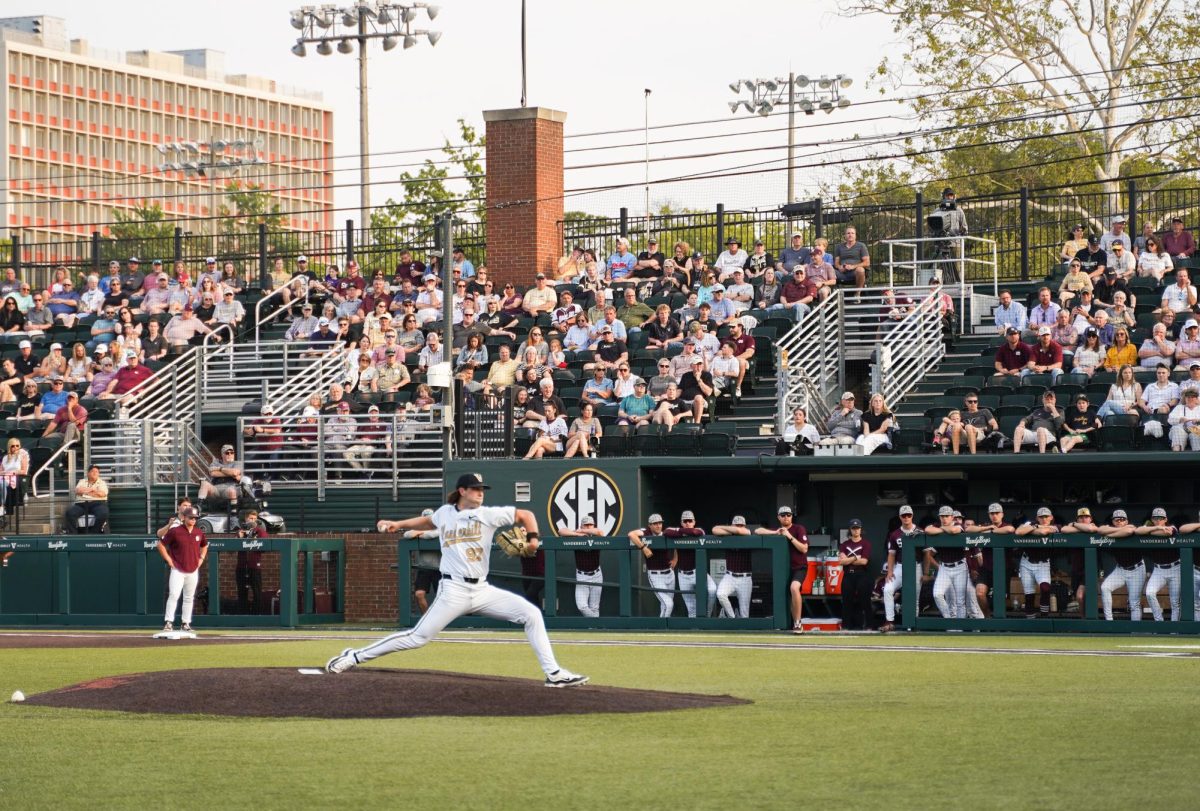 Bryce Cunningham pitching for the Commodores, as photographed on April 26, 2024. (Hustler Multimedia/Kadyn Lee)