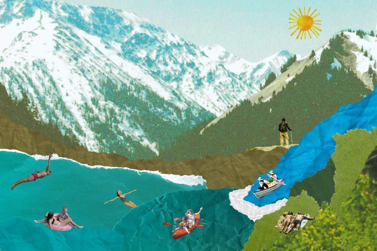 Graphic depicting people in and around a lake with mountains in the background. (Hustler Multimedia/Nate Morrin)