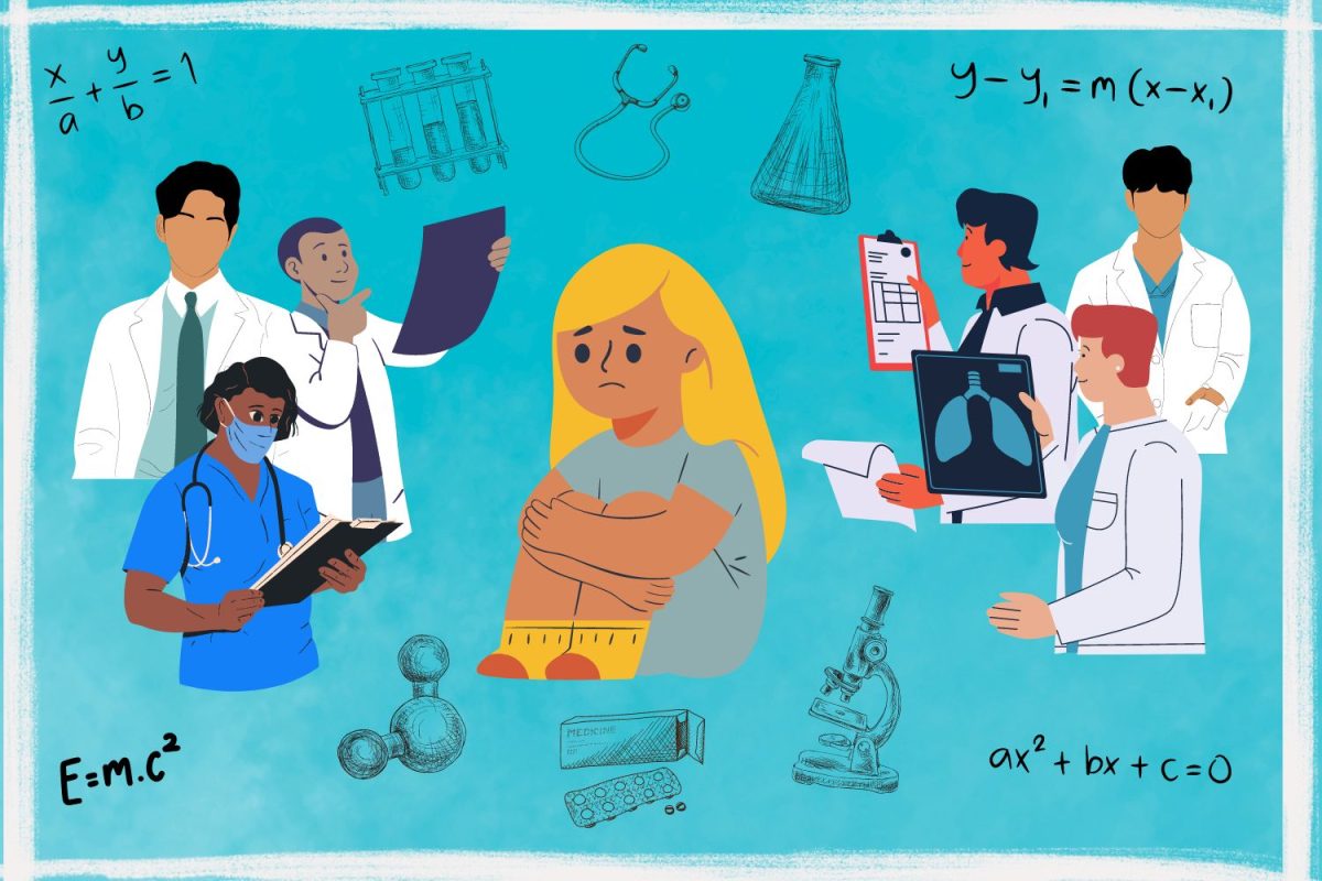 Graphic depicting a woman amid male doctors, images of laboratory equipment and mathematical equations. (Hustler Multimedia/Gauri Agarwal)
