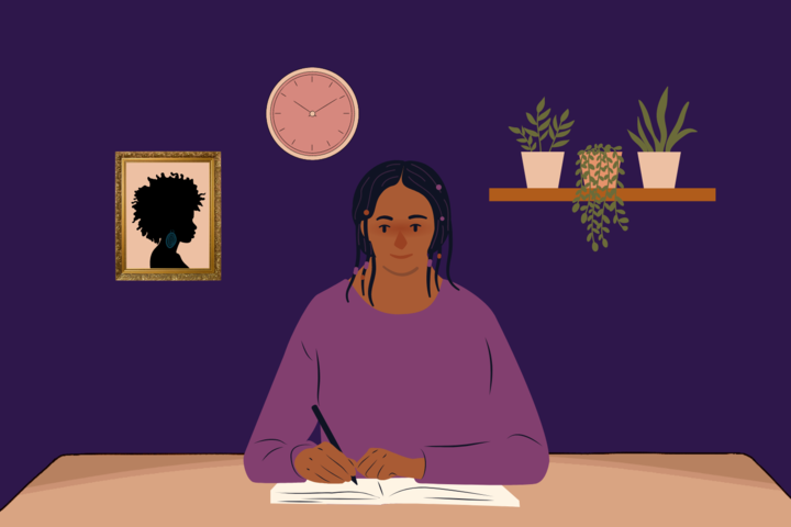 Graphic depicting a college girl sitting at her desk writing a letter. (Hustler Multimedia/Lexie Perez)