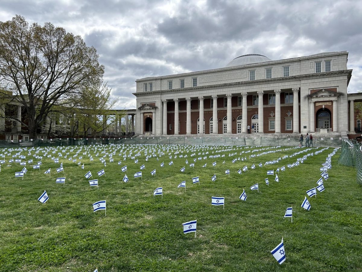 Flags honor Israeli victims of Oct. 7 attacks on Wyatt Lawn, as photographed on April 4, 2024. (Hustler Staff/Alison Winters)