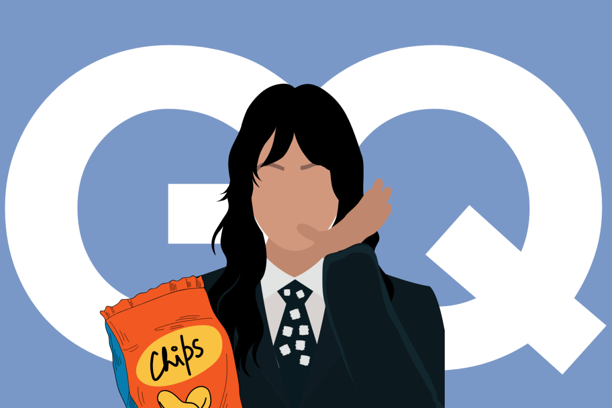 Graphic depicting a woman eating chips in front of the GQ magazine logo (Hustler Multimedia/Lexie Perez) 