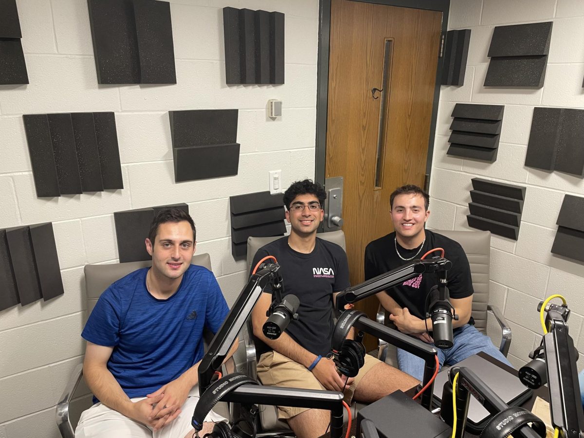 Andrew Wilf, Anish Mago and Sam Curtis sitting in the podcast studio, as photographed on April 24, 2024. (Hustler Staff/Henry Oelhafen)