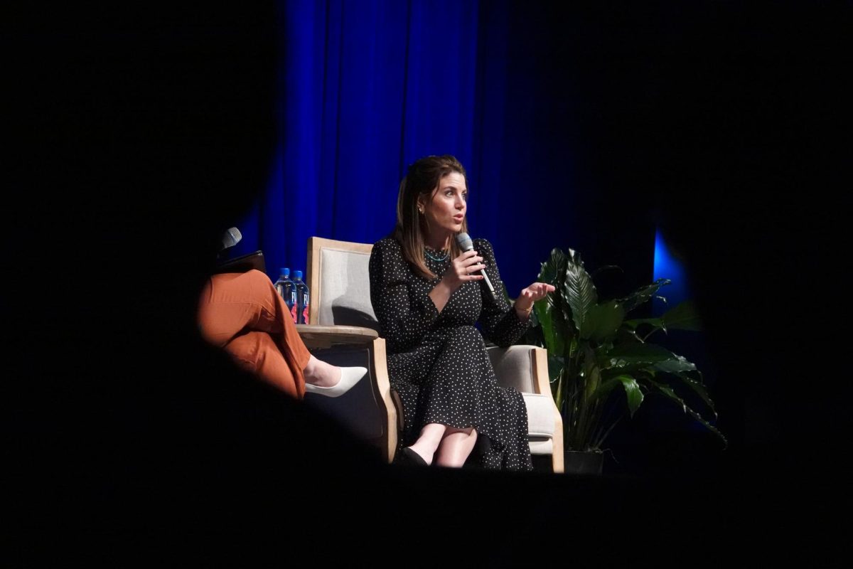 Photograph of Monica Lewinsky speaking with audience members in the foreground, as photographed on April 10, 2024. (Hustler Multimedia/George Albu)
