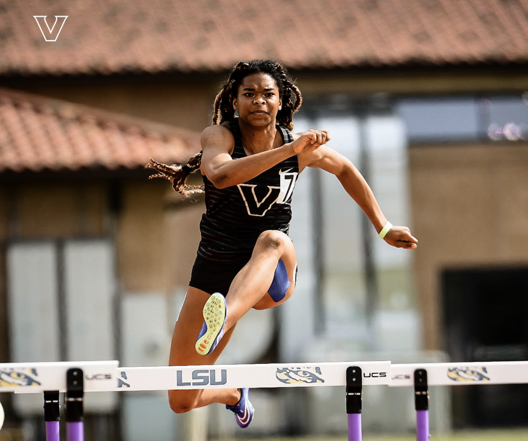 Allyria McBride jumping over a hurdle, as photographed on April 20, 2024. (Vanderbilt Athletics)