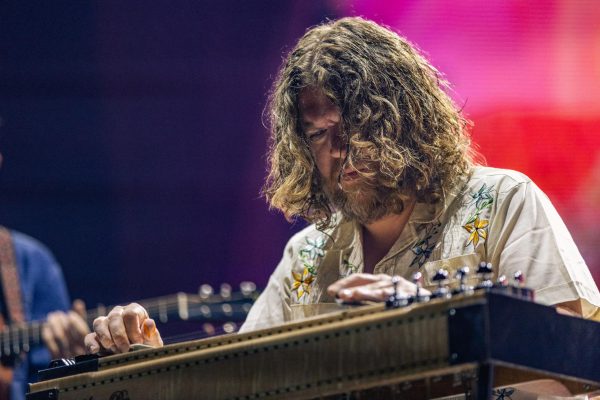 The slide guitarist from the band of Tyler Childers performs at Bridgestone Arena, as photographed on April 18, 2024. (Hustler Multimedia/Josh Rehders)