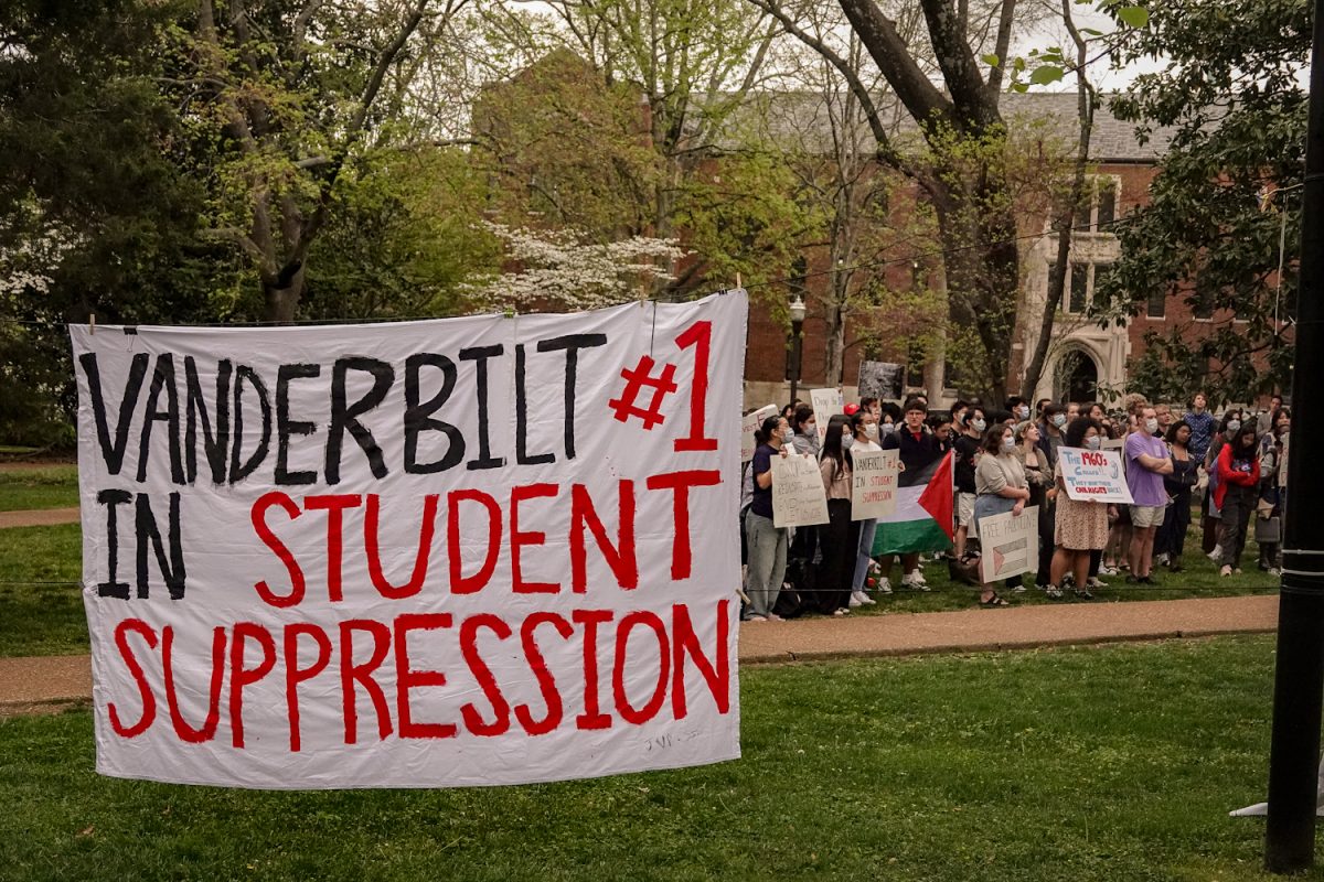 VDC protesters stand outside of Rand Hall, as photographed on April 8, 2024. (Hustler Multimedia/Miguel Beristain)