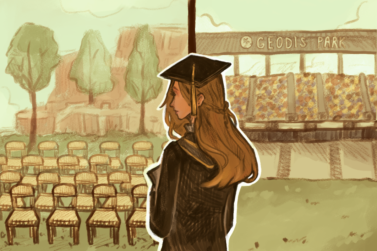 An illustration of a graduate looking on to two scenes of Vanderbilt Commencement: one on Alumni Lawn and one at Geodis Park. (Hustler Multimedia/Amanda Dai)