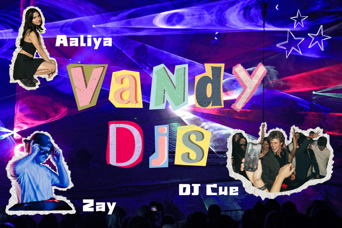 Graphic depicting three Vanderbilt student DJs: Aaliya, Zay and DJ Cue, on a backdrop of party lights. (Hustler Multimedia/Daniela Aguilar)