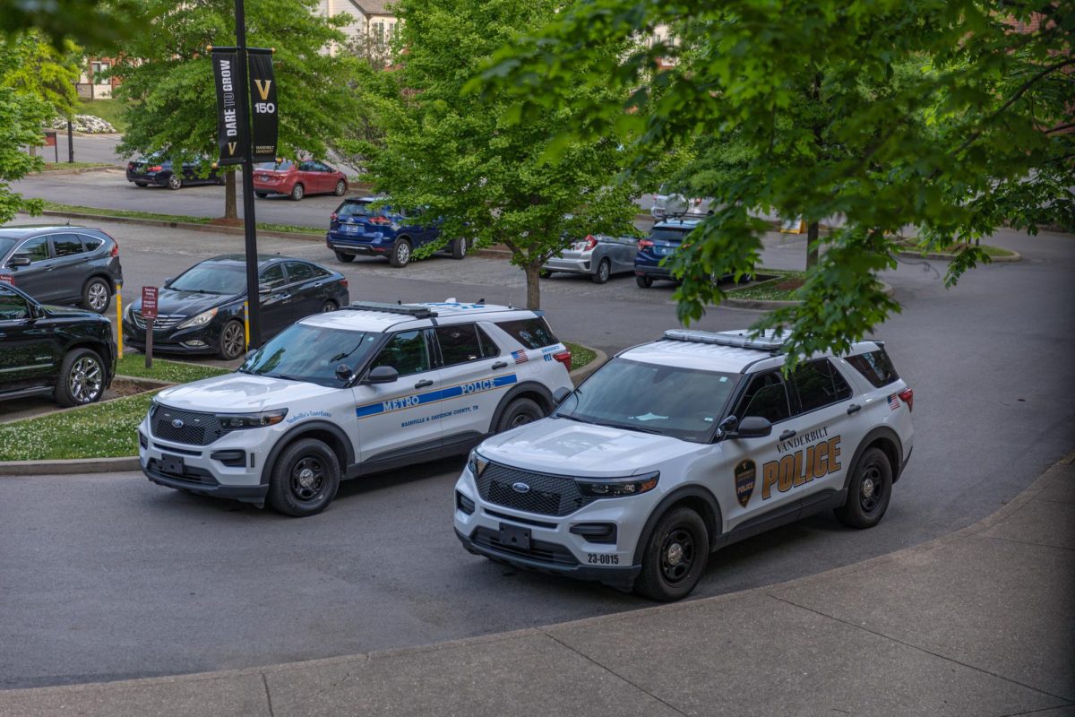 VUPD and MNPD cars on patrol in response to BDS protests on campus, as photographed on May 1, 2024. (Hustler Multimedia/Josh Rehders)