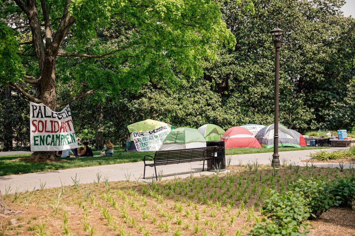 The Palestine Solidarity Encampment in front of Kirkland Hall at Vanderbilt University, as photographed on April 26, 2024. (Hustler Multimedia/Josh Rehders)