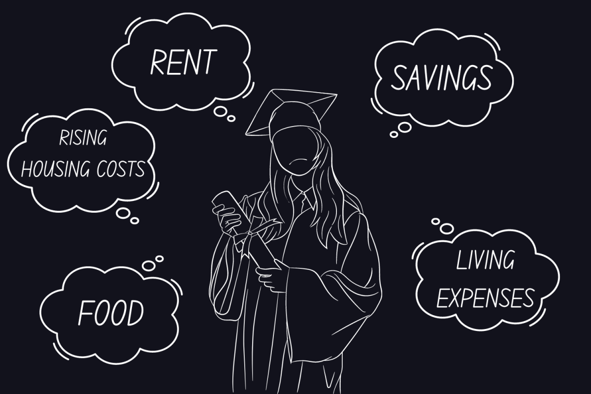Graphic depicting a graduate student worrying about living costs (Hustler Multimedia/Zarrin Zahid)
