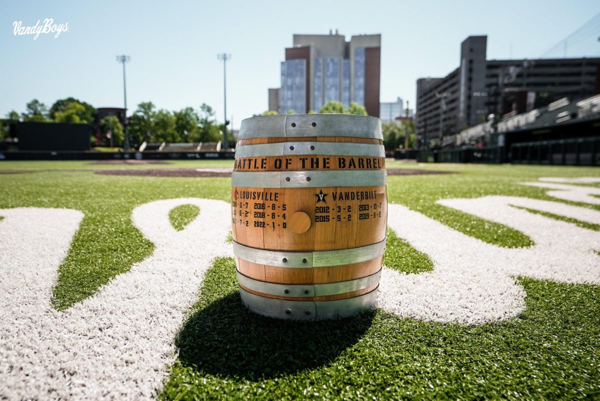 The Battle of the Barrel trophy sits on Hawkins Field, as photographed on May 10, 2023. (Vanderbilt Athletics)