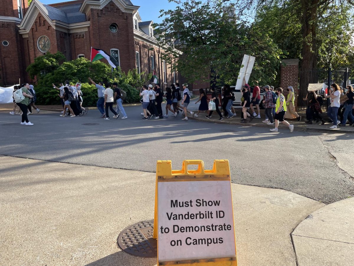 A sign reads “Must show Vanderbilt ID to demonstrate on campus,” as protestors enter campus, as photographed on May 1, 2024. (Hustler Staff/Brina Ratangee)
