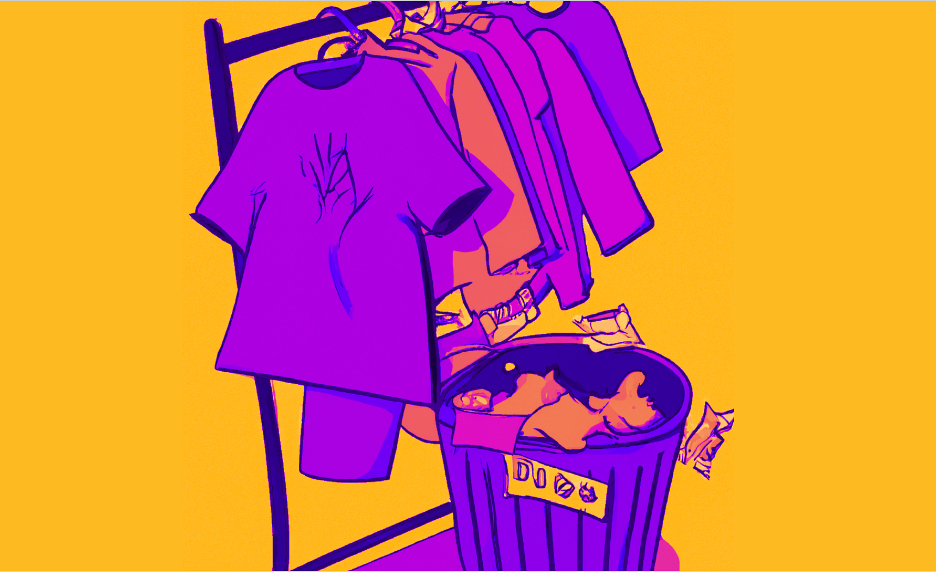 A rack of fast fashion clothes and a garbage can filled with clothes discarded because of poor quality. (Hustler Staff/Arden Madden)