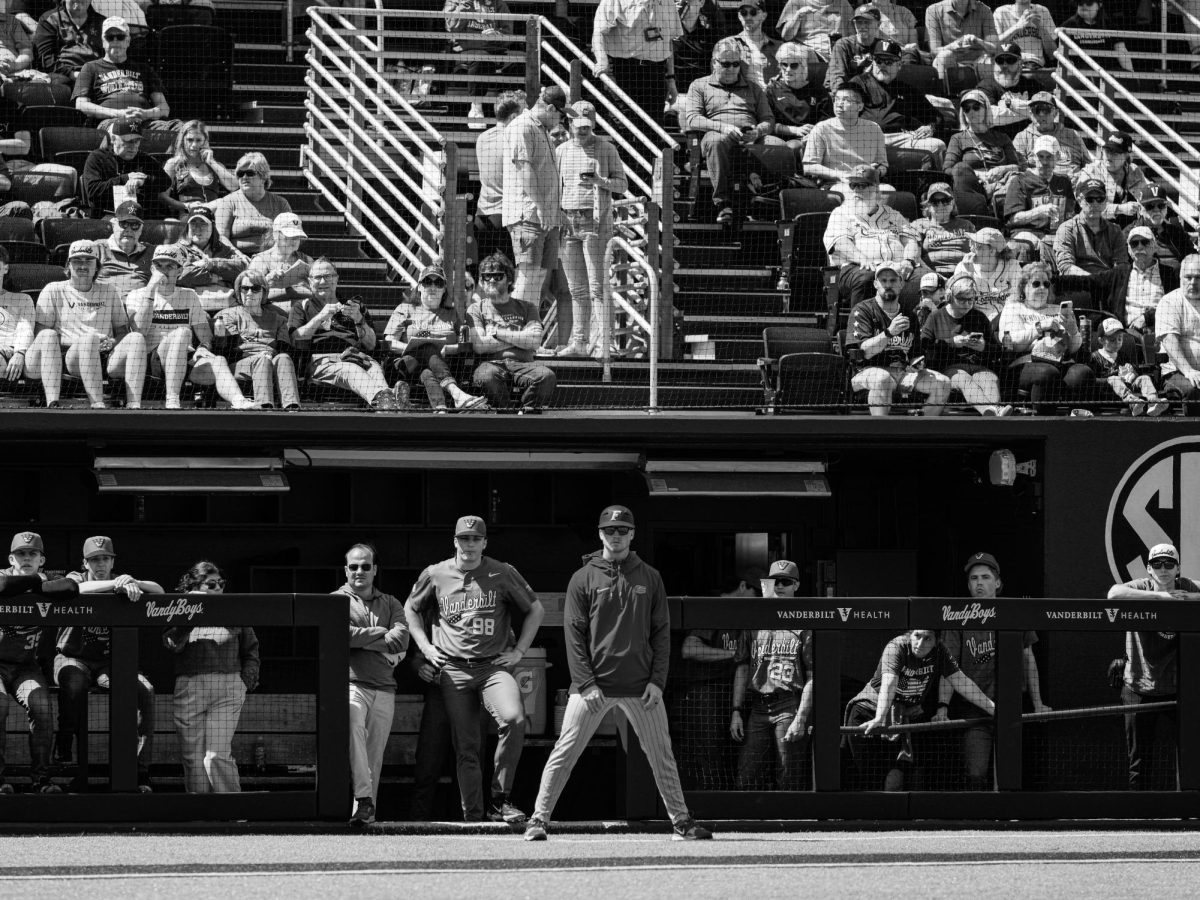 VandyBoys and Florida coach watching the game from the dugout, as photographed on April 20, 2024. (Hustler Multimedia/Ophelia Lu)
