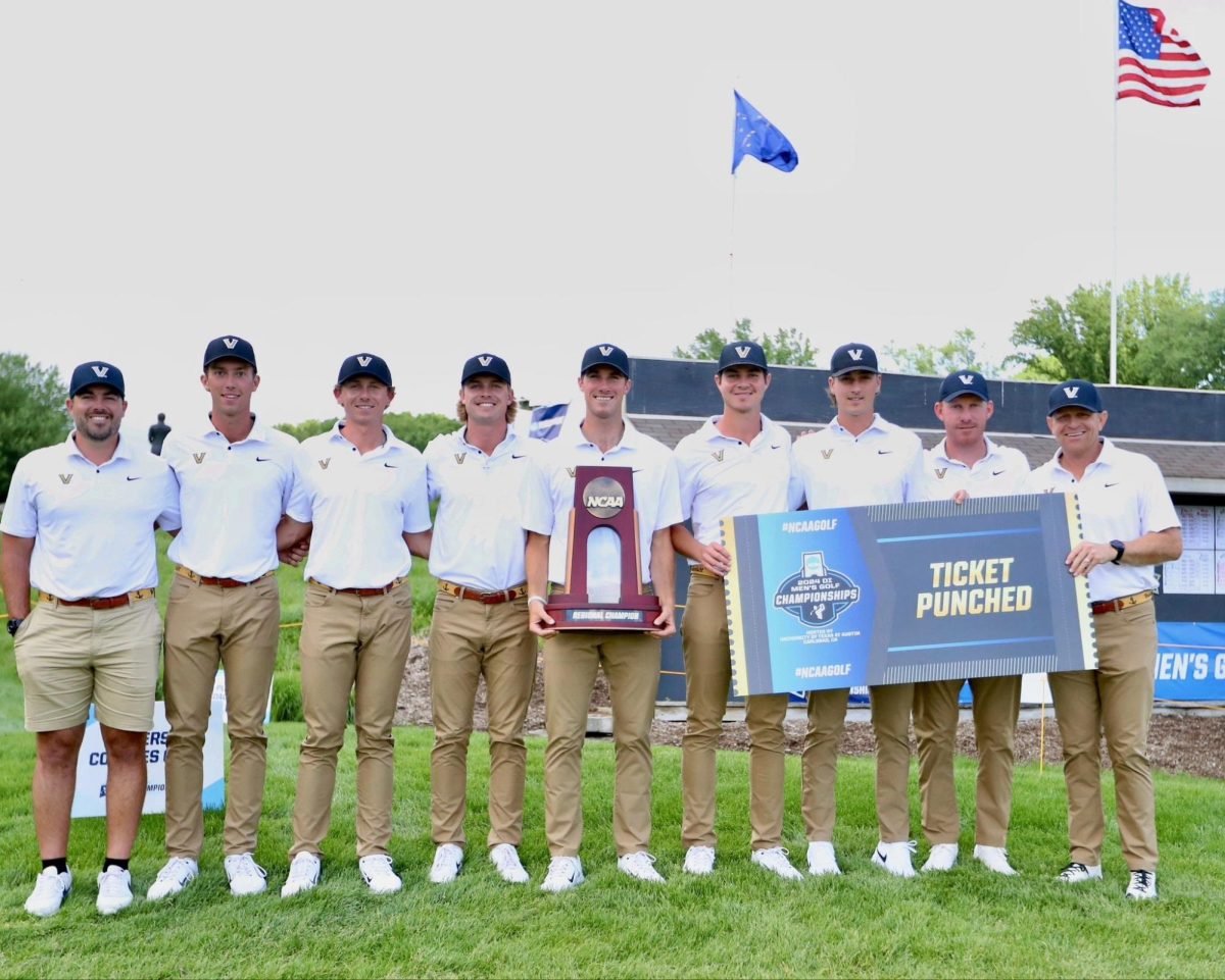 Vanderbilt Mens Golf poses with its NCAA Regional trophy and ticket, as photographed on May 15, 2024. (Vanderbilt Athletics)
