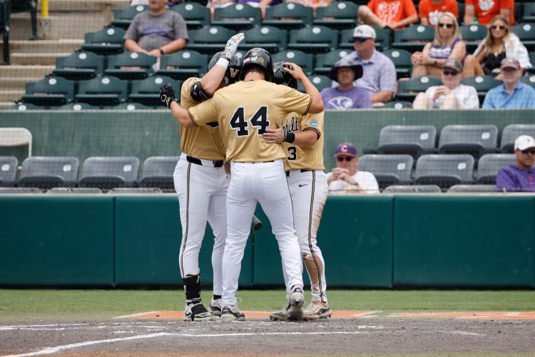 Colin Barczi celebrates with his teammates after smacking a two-run home run against High Point at the NCAA Regionals, as photographed on June 1, 2024. (Hustler Multimedia/Barrie Barto)