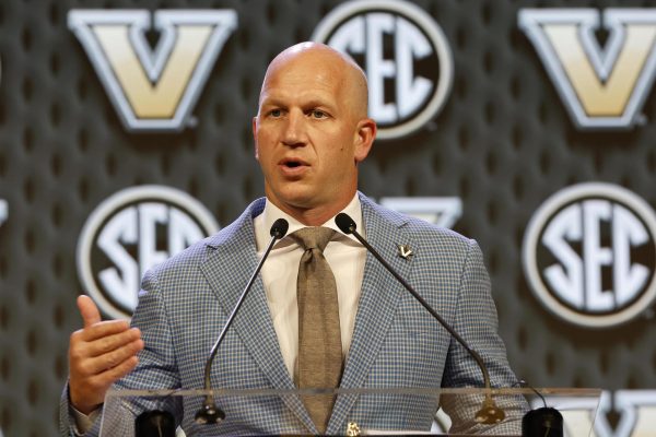 Vanderbilt Football head coach Clark Lea speaks to the media at the 2024 SEC Football Kickoff, Monday, July 15, 2024 at the Omni Dallas Hotel in Dallas, TX. (James D. Smith/SEC)