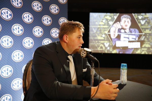 Vanderbilt Football offensive lineman Gunnar Hansen speaks to the media at the 2024 SEC Football Media Days (James D. Smith/SEC)