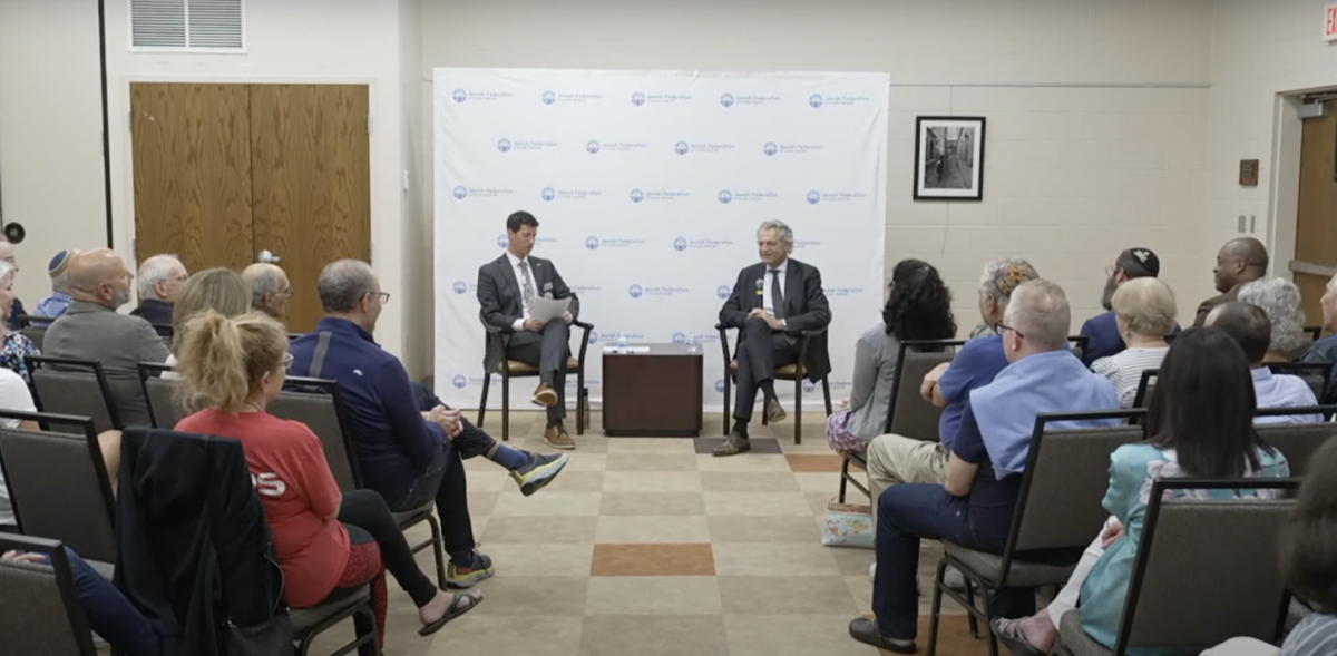 Screenshot of live streamed conversation between Chancellor Daniel Diermeier and Rabbi Dan Horowitz, as captured on June 10, 2024. (Hustler Staff/Alison Winters)