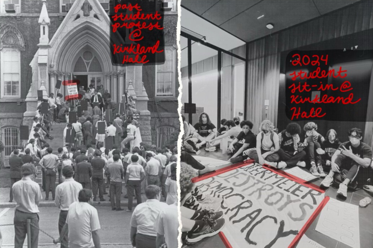 Graphic depicting two separate student-led demonstrations at Kirkland Hall. (Hustler Multimedia/Lexie Perez)