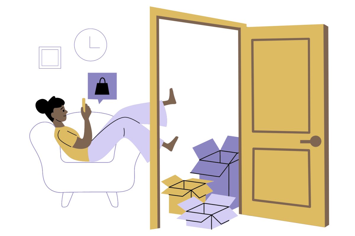 A graphic depicting a person online shopping from a chair with open packages in the doorway. (Hustler Multimedia/Abby Hoelscher)