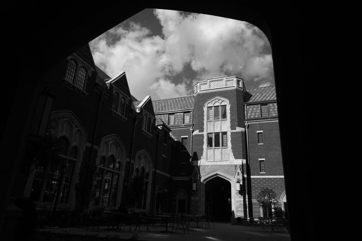 Black-and-white photograph of Carmichael College illuminated by afternoon sunlight, as photographed on Aug. 19, 2024. (Hustler Multimedia/George Albu)
