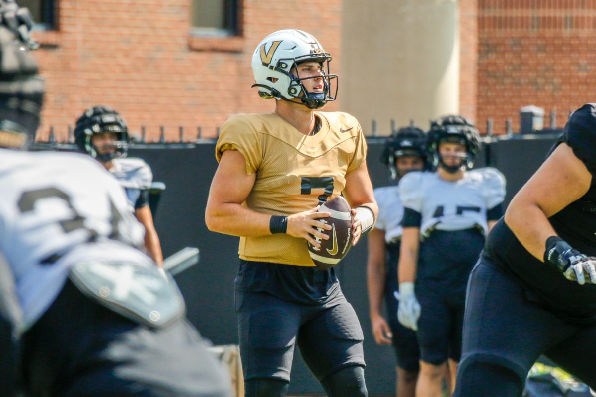 Vanderbilt's Drew Dickey steps back in the pocket during a scrimmage at fall camp, as photographed on Aug. 20, 2024. (Hustler Multimedia/Barrie Barto)