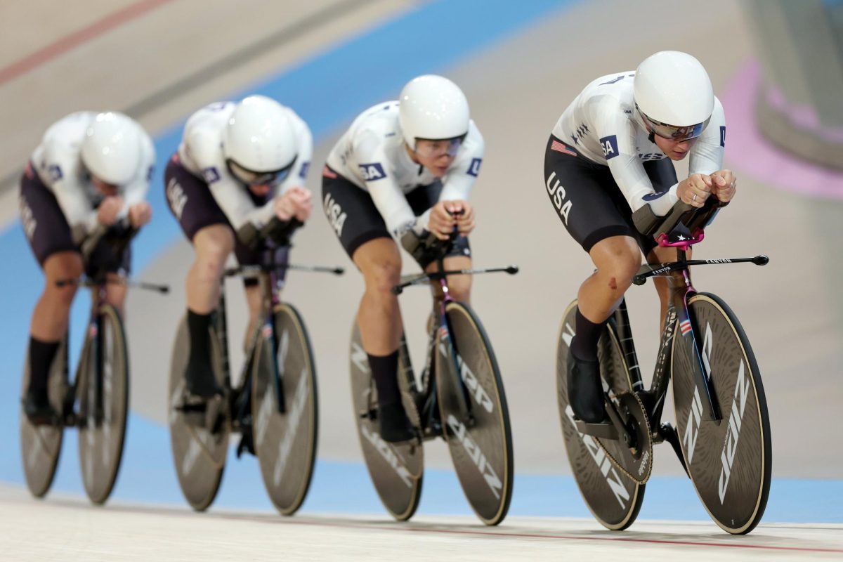 Alumna Lily Williams competes in the women's cycling team pursuit at the Paris Olympics, as photographed on August 7, 2024. (Vanderbilt Athletics)