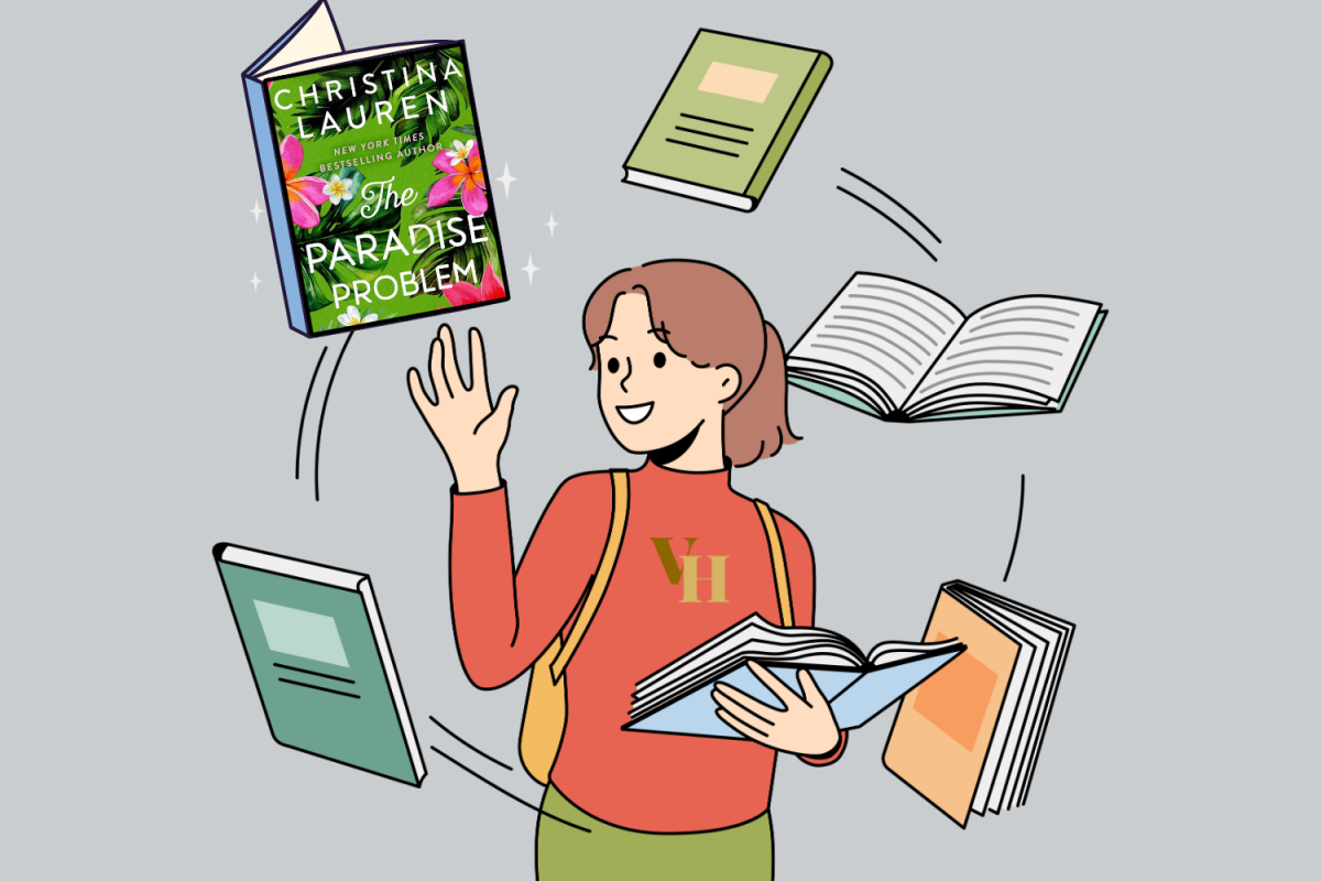 Graphic depicting a person surrounded by colorful books selecting “The Paradise Problem.” (Hustler Multimedia/Abby Hoelscher)
