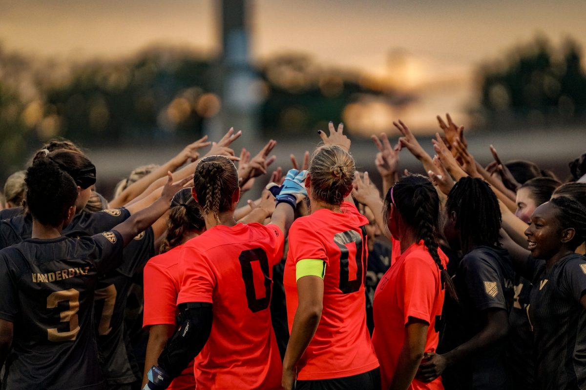 Vanderbilt Soccer huddles together before its game, as photographed on August 30, 2024. (Hustler Multimedia/Miguel Beristain)