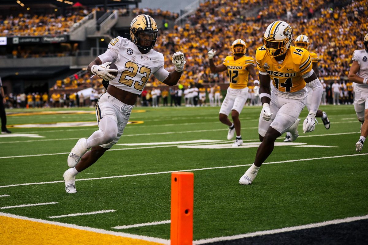 AJ Newberry speeds into the end zone for a touchdown against No. 7 Missouri, as photographed on Sept. 21, 2024. (Vanderbilt Athletics)