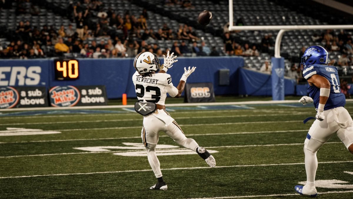 AJ Newberry hauls in a 53-yard catch to bring Vanderbilt into scoring territory, as photographed on Sept. 14, 2024. (Vanderbilt Athletics)