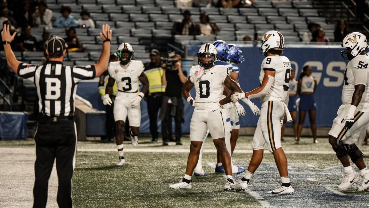 Junior Sherrill celebrates after hauling in  his first touchdown of the season, as photographed on Sept. 14, 2024. (Vanderbilt Athletics)